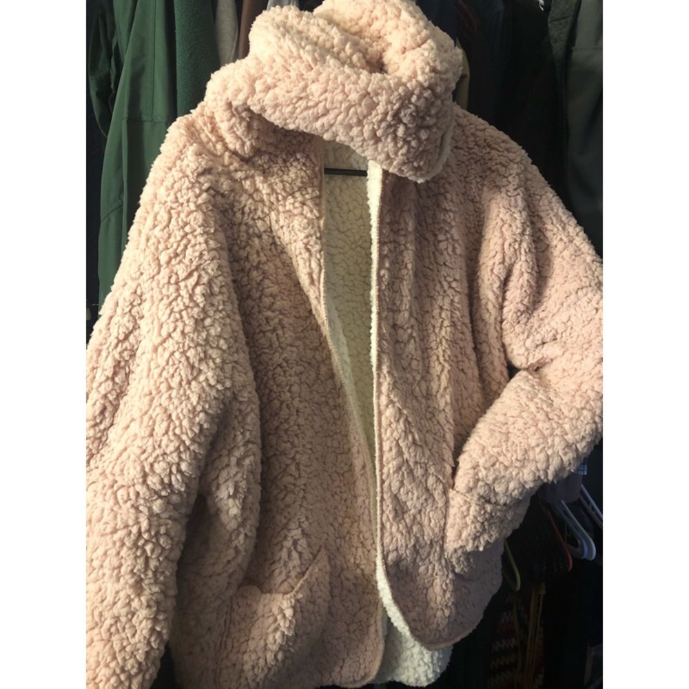 White and baby pink reversible teddy coat